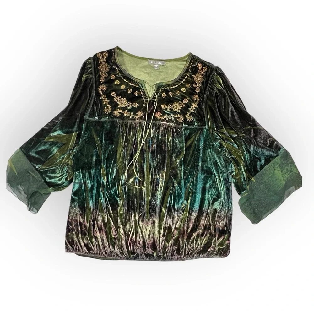 Roz & Ali Iridescent Green Velvet Top Embroidered Dark Fairy Whimsigoth Womens L
